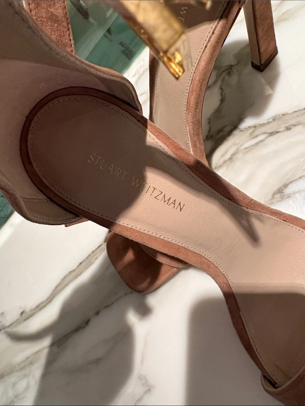 Stuart Weitzman Suede Ankle-Tie Heels in Cognac